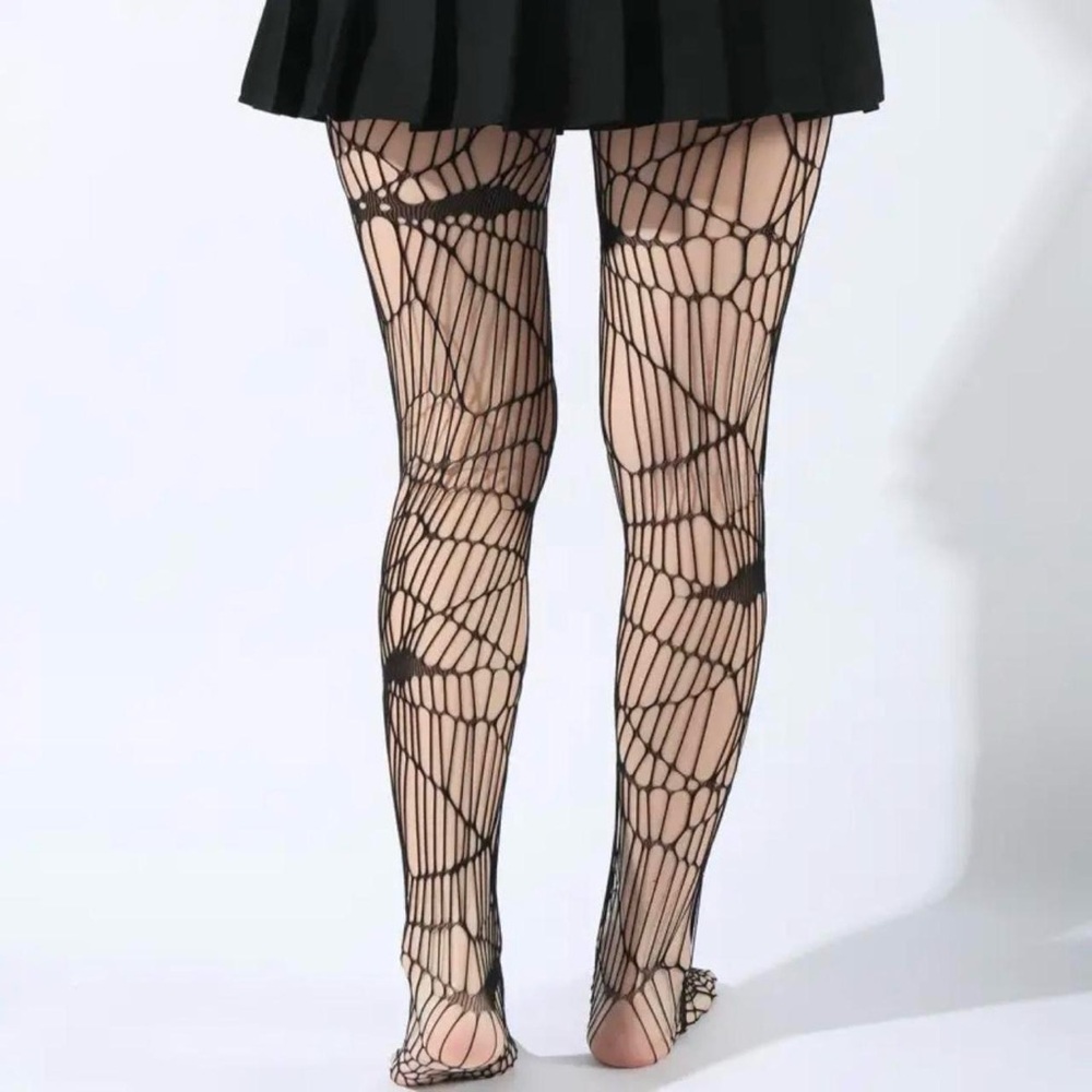 Black Bat Patterned Fishnet Tights, High Waist Footed Pantyhose One Size - Picture 9 of 11
